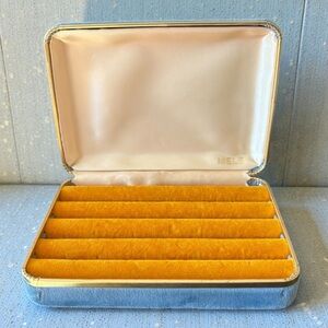 VTG Mele Blue Velvet Jewelry Box Hard Travel Case Gold Lined Clam Shell Style